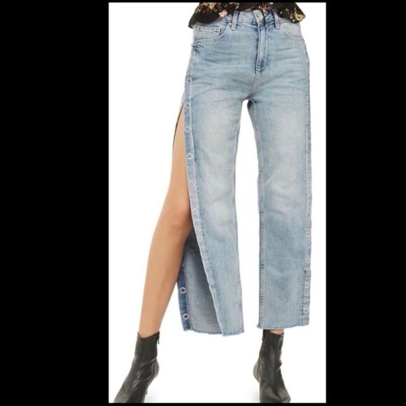 Topshop Moto Snap Leg High Rise Jeans Blue 32 Cropped Raw Hem Grunge - Picture 1 of 14